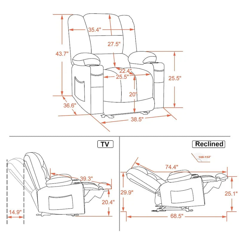 Fauteuil Inclinable Électrique MCombo avec Chaleur et Massage, Tissu 6079/PR670