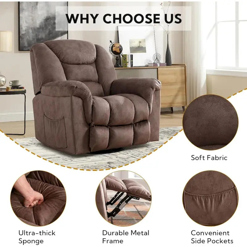 Fauteuil Inclinable à Bascule Surdimensionné Manuel Pivotant 360° pour Salon