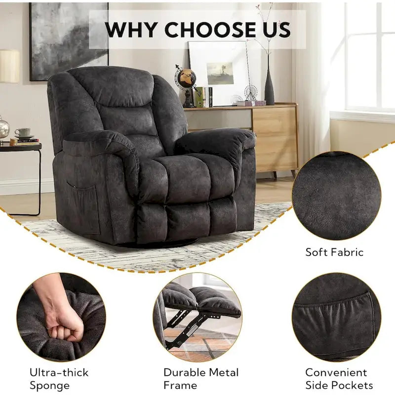 Fauteuil Inclinable à Bascule Surdimensionné Manuel Pivotant 360° pour Salon