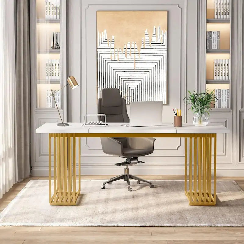 Bureau de direction moderne 70.9 pouces avec pieds en métal doré