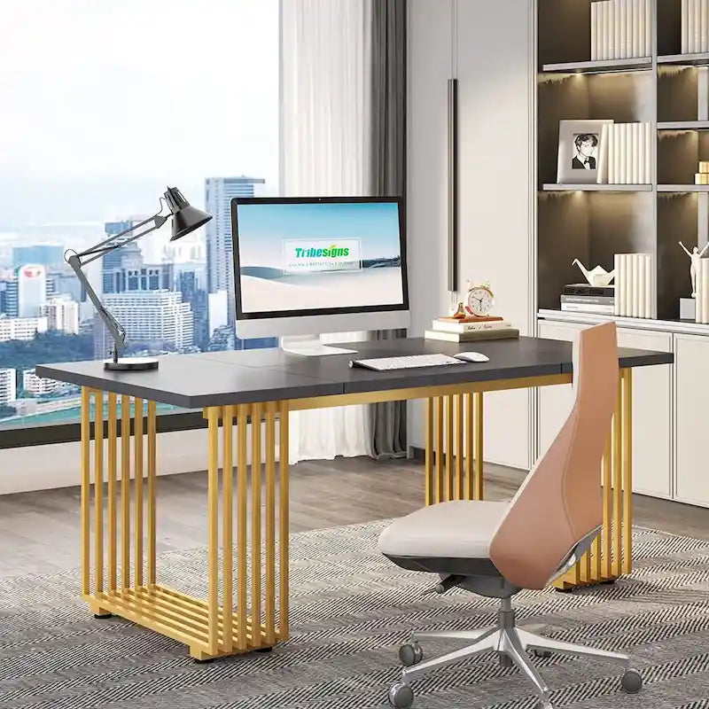 Bureau de direction moderne 70.9 pouces avec pieds en métal doré