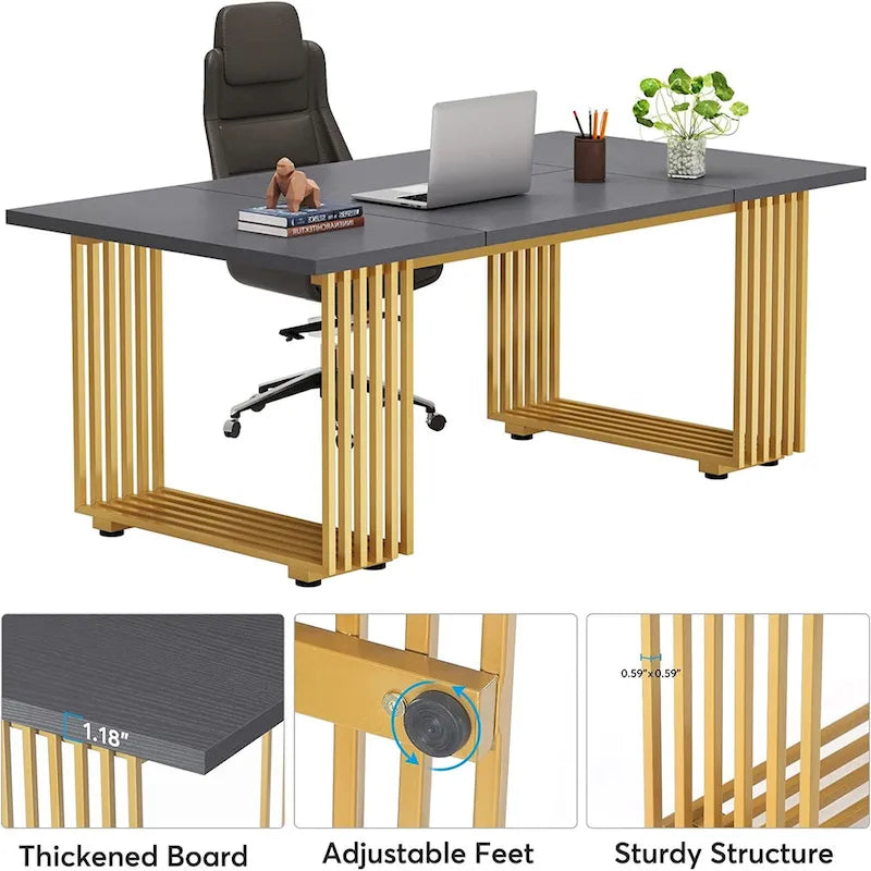 Bureau de direction moderne 70.9 pouces avec pieds en métal doré