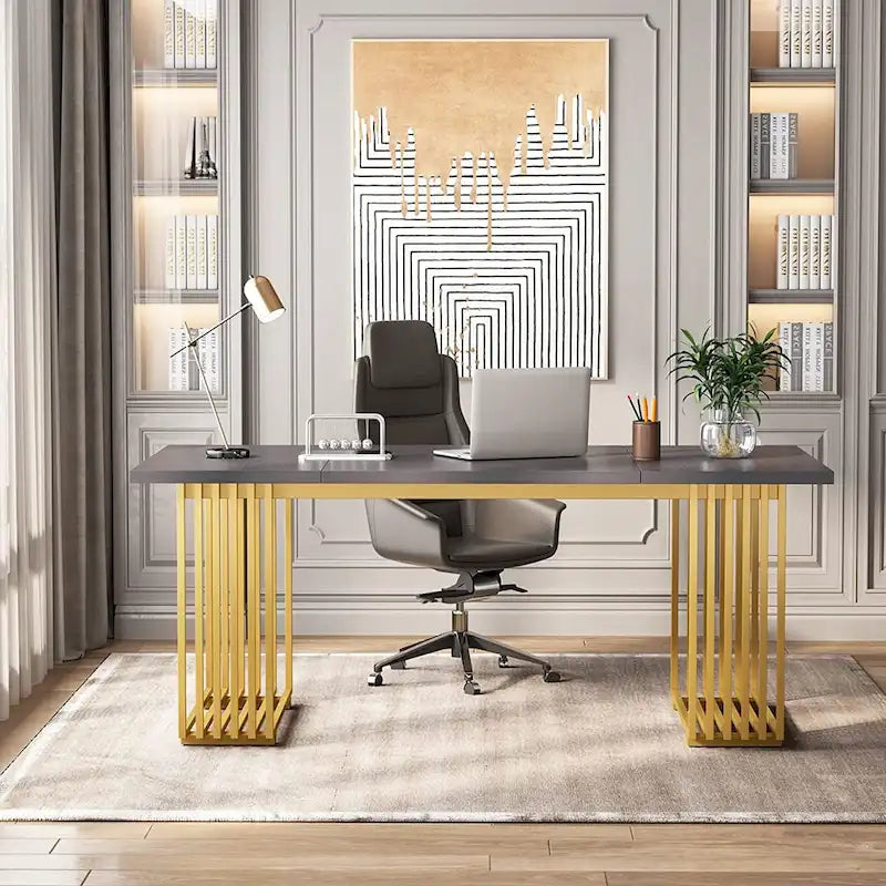 Bureau de direction moderne 70.9 pouces avec pieds en métal doré