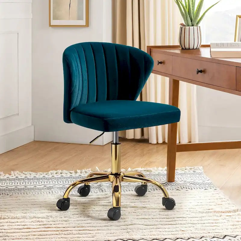 Chaise de travail de bureau ergonomique moderne à dossier enveloppant en velours Ilia à pivotement 360 degrés avec dossier capitonné à canaux par HULALA HOME