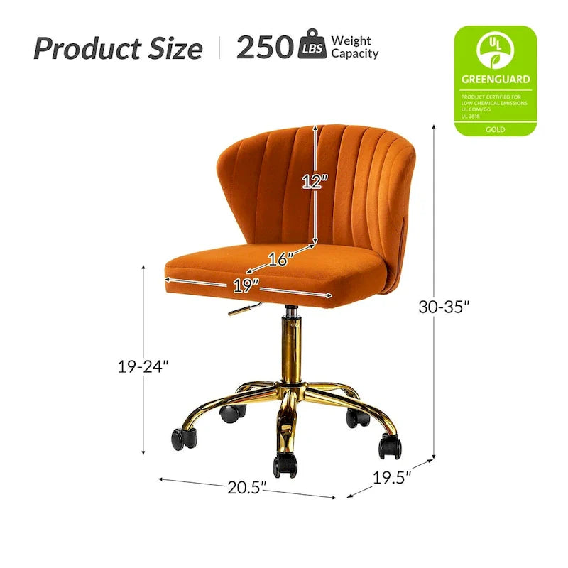Chaise de travail de bureau ergonomique moderne à dossier enveloppant en velours Ilia à pivotement 360 degrés avec dossier capitonné à canaux par HULALA HOME