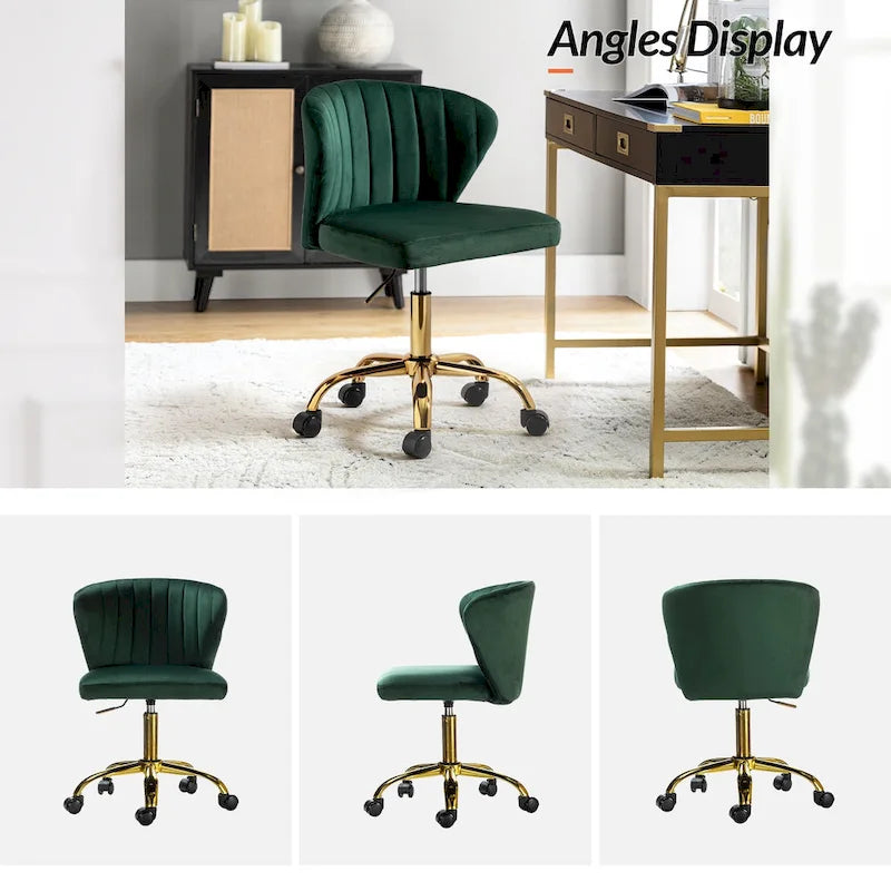 Chaise de travail de bureau ergonomique moderne à dossier enveloppant en velours Ilia à pivotement 360 degrés avec dossier capitonné à canaux par HULALA HOME