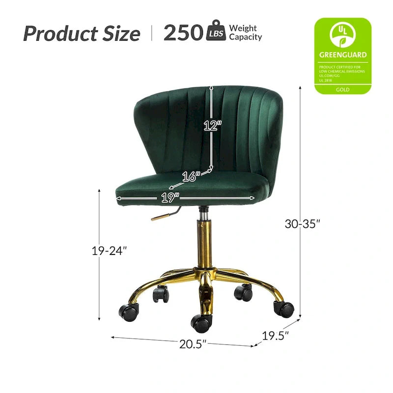 Chaise de travail de bureau ergonomique moderne à dossier enveloppant en velours Ilia à pivotement 360 degrés avec dossier capitonné à canaux par HULALA HOME