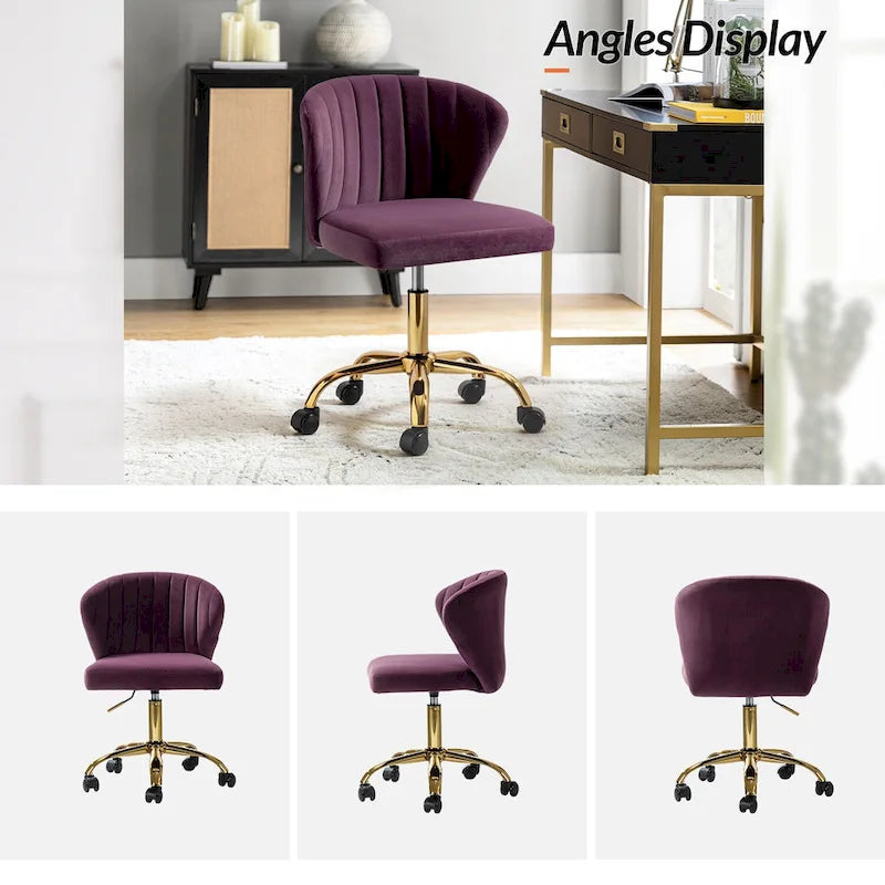 Chaise de travail de bureau ergonomique moderne à dossier enveloppant en velours Ilia à pivotement 360 degrés avec dossier capitonné à canaux par HULALA HOME
