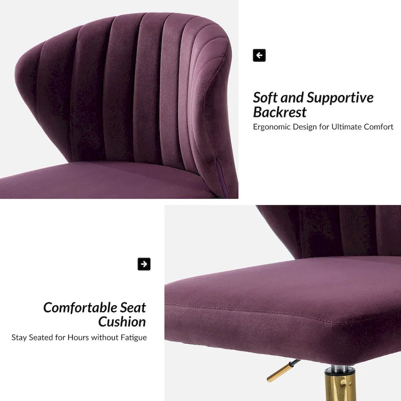 Chaise de travail de bureau ergonomique moderne à dossier enveloppant en velours Ilia à pivotement 360 degrés avec dossier capitonné à canaux par HULALA HOME