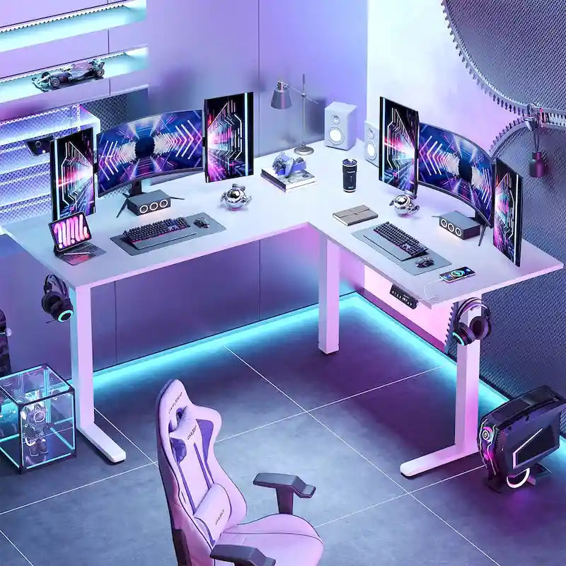 Bureau debout d'angle 63 en forme de L bureau de gaming LED avec support de moniteur ergonomique