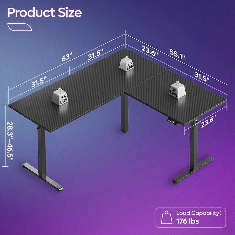 Bureau debout d'angle 63 en forme de L bureau de gaming LED avec support de moniteur ergonomique