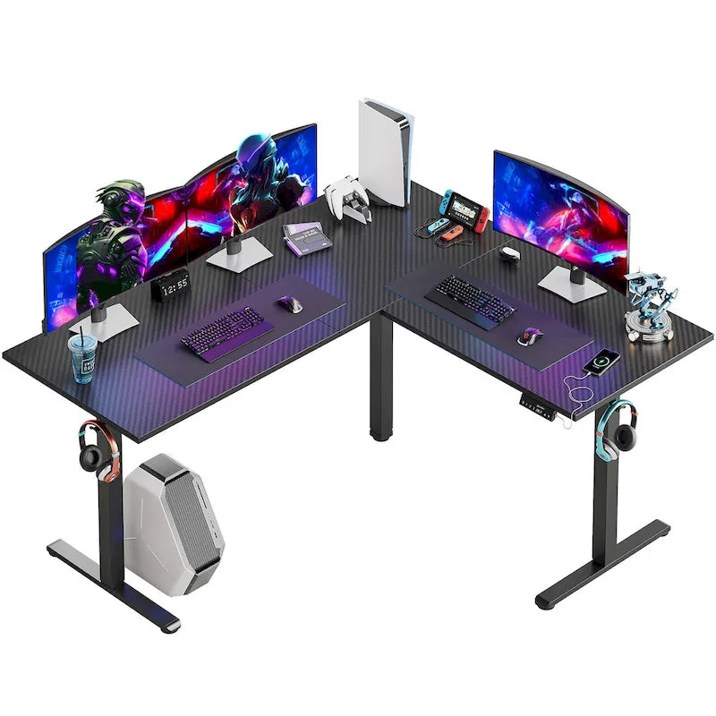Bureau debout d'angle 63 en forme de L bureau de gaming LED avec support de moniteur ergonomique