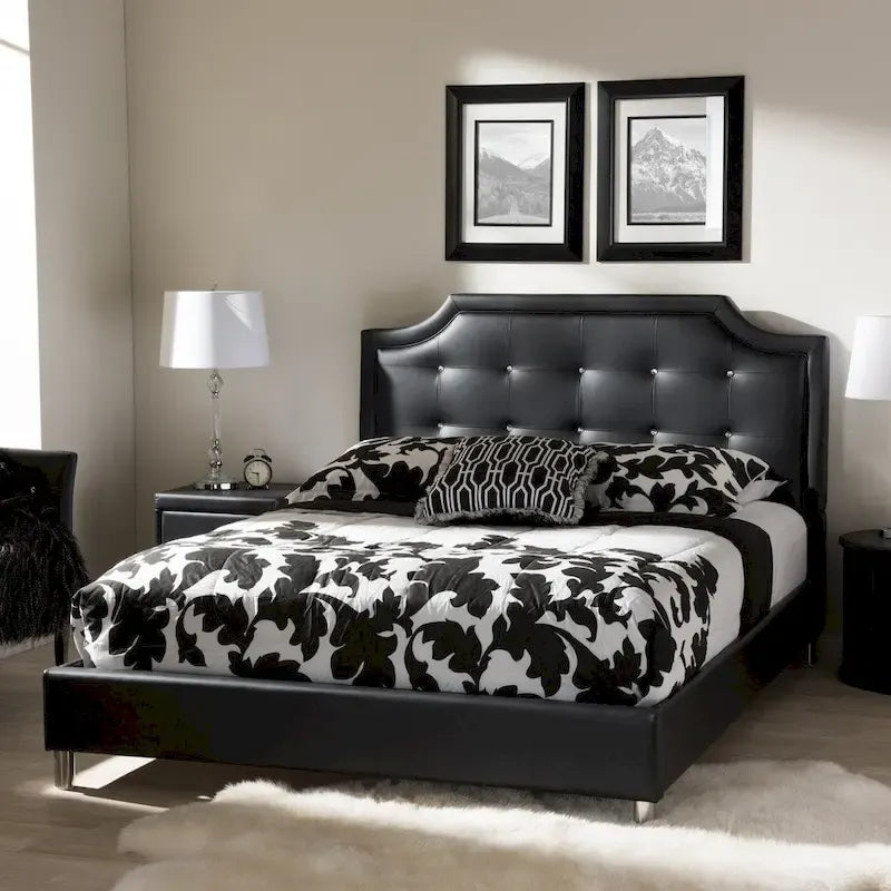Lit plateforme moderne Baxton Studio Carlotta en similicuir noir avec tête de lit rembourrée