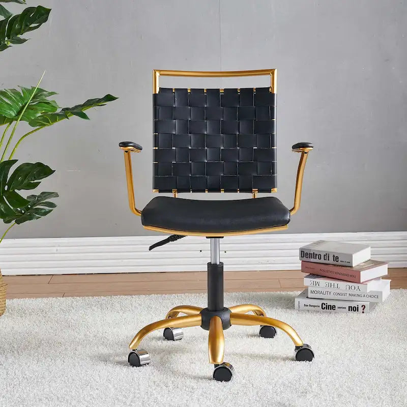 Chaise de bureau LUXMOD en cuir doré à dossier mi-hauteur, chaise pivotante d'ordinateur