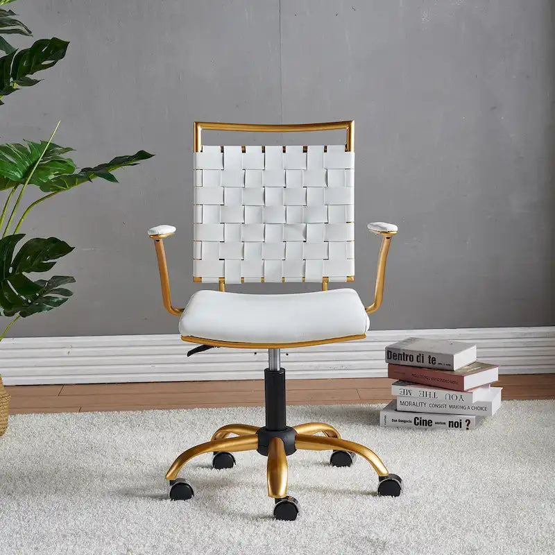 Chaise de bureau LUXMOD en cuir doré à dossier mi-hauteur, chaise pivotante d'ordinateur