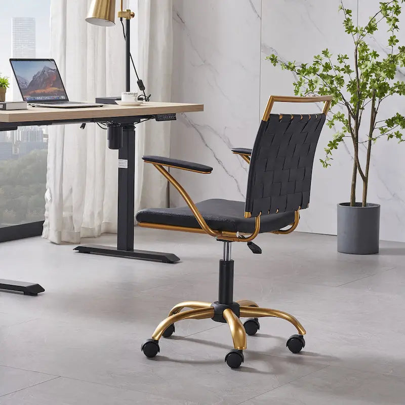 Chaise de bureau LUXMOD en cuir doré à dossier mi-hauteur, chaise pivotante d'ordinateur