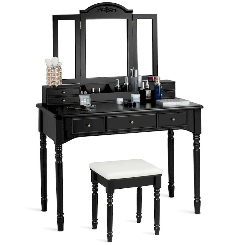 Ensemble coiffeuse à miroir triptyque avec tabouret