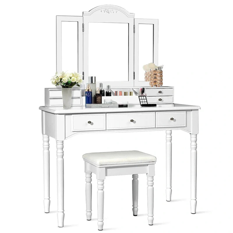 Ensemble coiffeuse à miroir triptyque avec tabouret