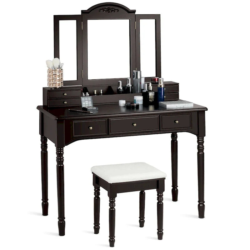 Ensemble coiffeuse à miroir triptyque avec tabouret