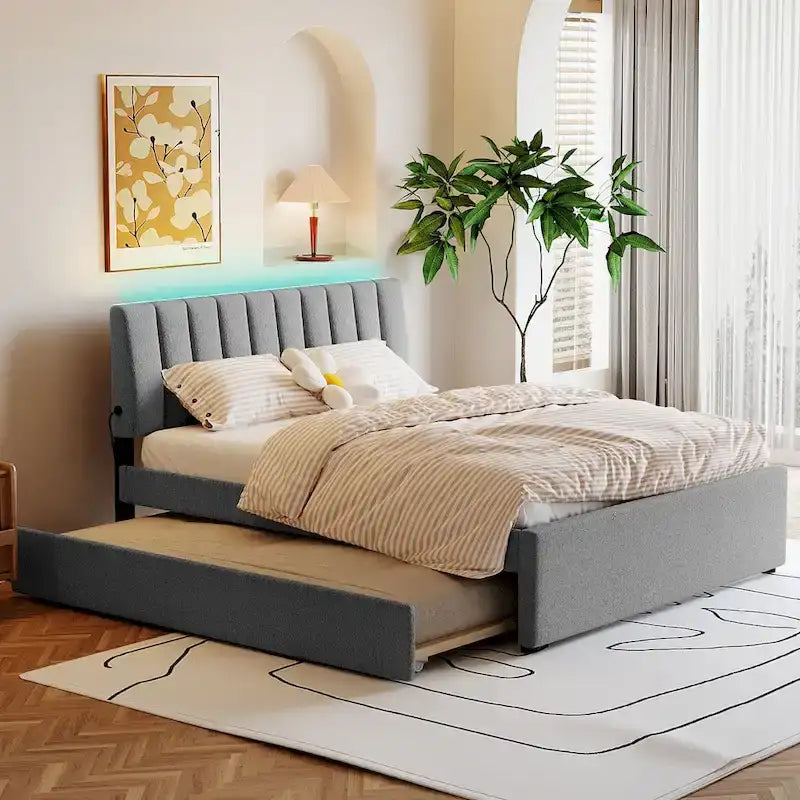 Lit plateforme rembourré avec lit gigogne