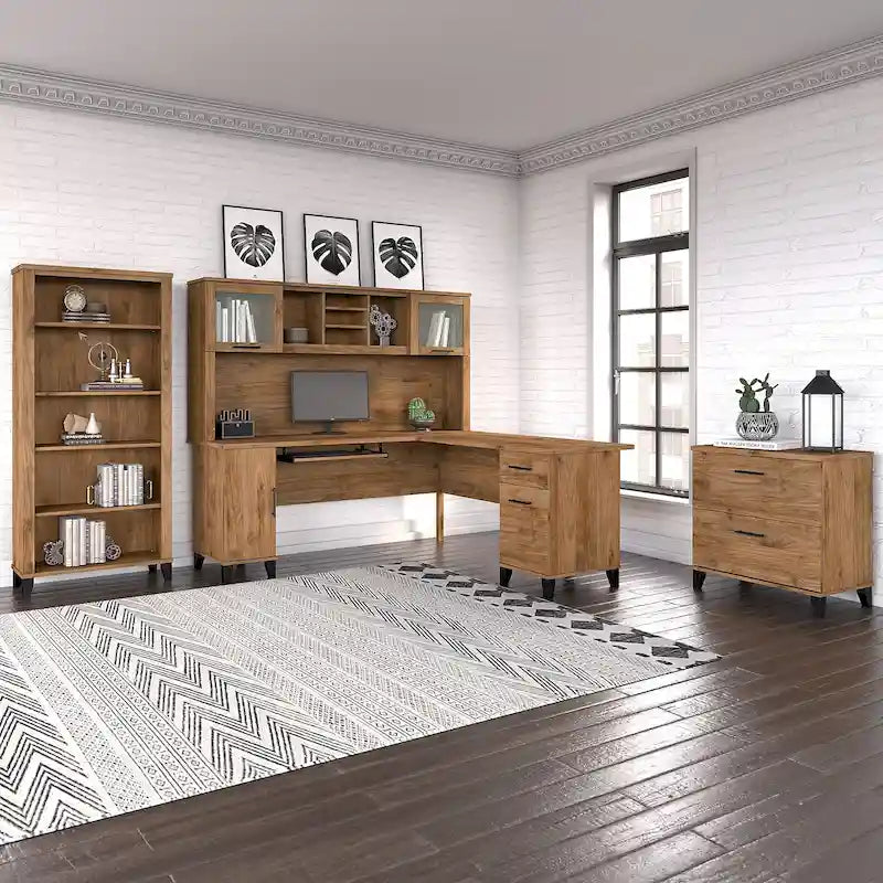 Somerset - Bureau en L de 72 po de large avec hutch, meuble et bibliothèque, gris