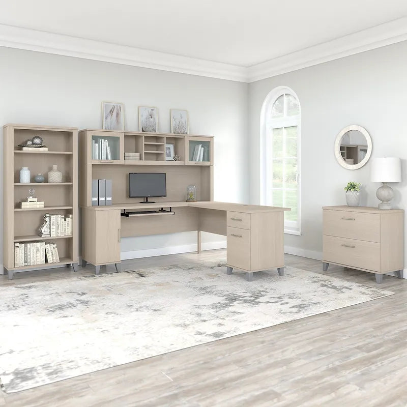 Somerset - Bureau en L de 72 po de large avec hutch, meuble et bibliothèque, gris