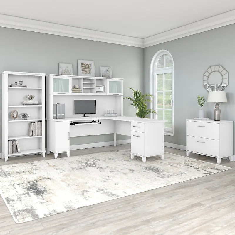 Somerset - Bureau en L de 72 po de large avec hutch, meuble et bibliothèque, gris