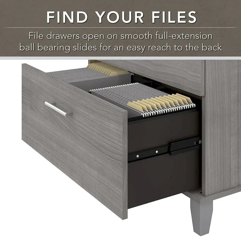 Somerset - Bureau en L de 72 po de large avec hutch, meuble et bibliothèque, gris