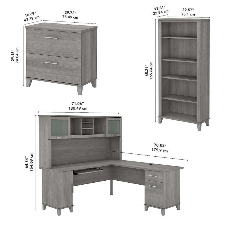 Somerset - Bureau en L de 72 po de large avec hutch, meuble et bibliothèque, gris