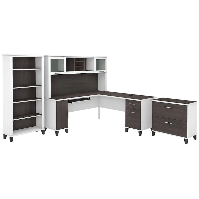 Bureau d'angle en L Somerset 72W avec huche, armoire et bibliothèque en gris
