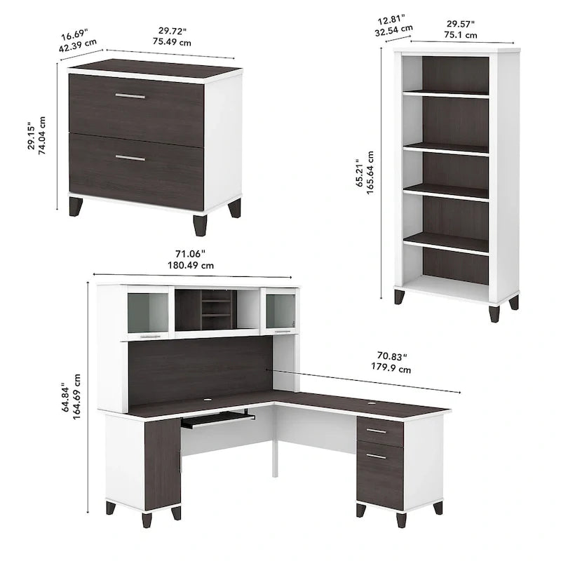 Somerset - Bureau en L de 72 po de large avec hutch, meuble et bibliothèque, gris