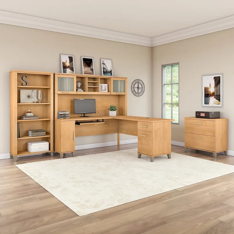 Somerset - Bureau en L de 72 po de large avec hutch, meuble et bibliothèque, gris