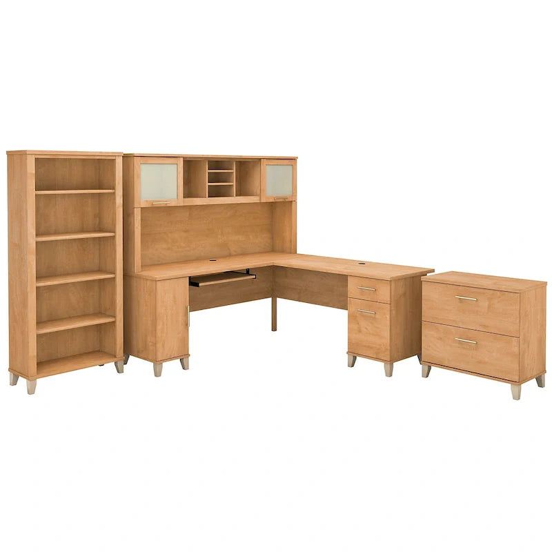 Somerset - Bureau en L de 72 po de large avec hutch, meuble et bibliothèque, gris
