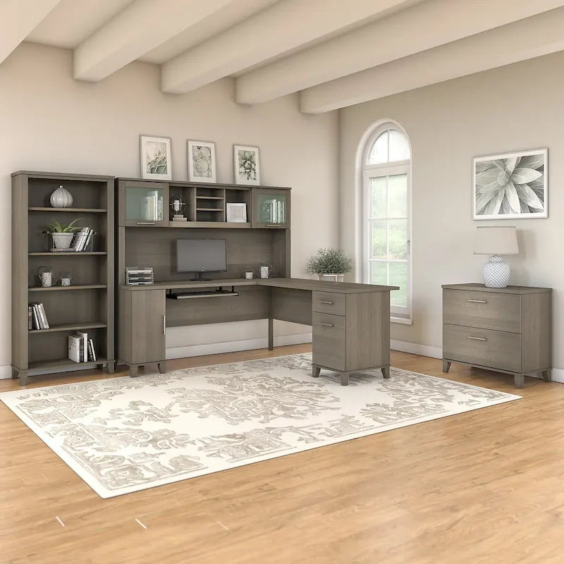 Somerset - Bureau en L de 72 po de large avec hutch, meuble et bibliothèque, gris