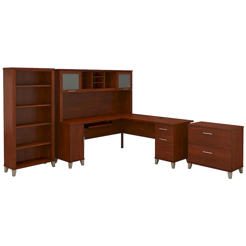 Somerset - Bureau en L de 72 po de large avec hutch, meuble et bibliothèque, gris