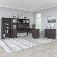 Somerset - Bureau en L de 72 po de large avec hutch, meuble et bibliothèque, gris