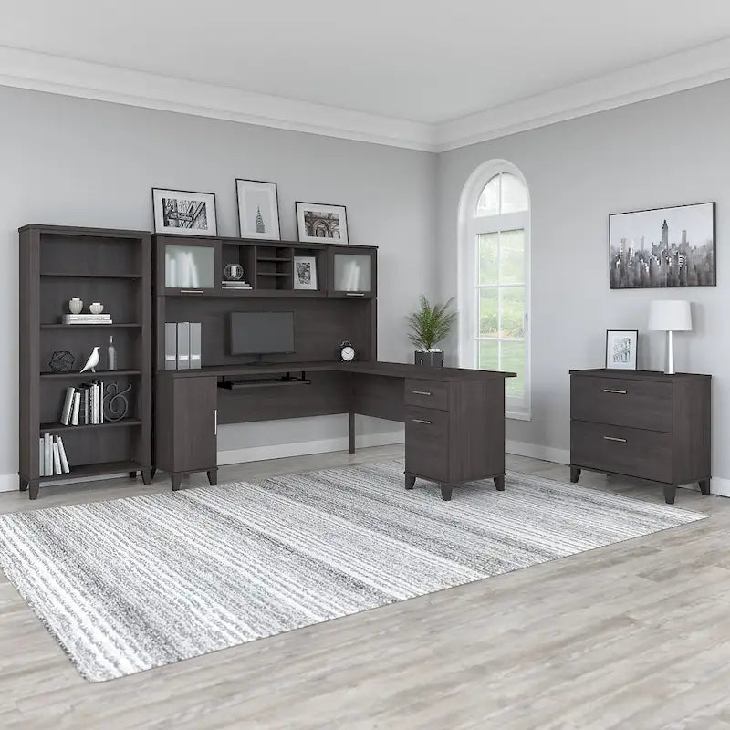 Somerset - Bureau en L de 72 po de large avec hutch, meuble et bibliothèque, gris