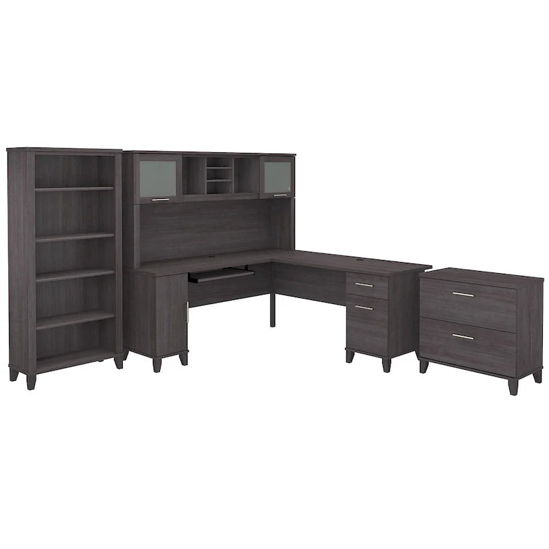 Somerset - Bureau en L de 72 po de large avec hutch, meuble et bibliothèque, gris