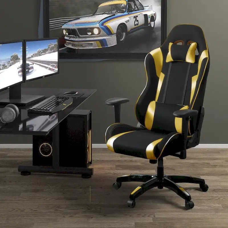 Chaise de gaming ergonomique à dossier haut Porch & Den Banton en cuir reconstitué, tissu et maille