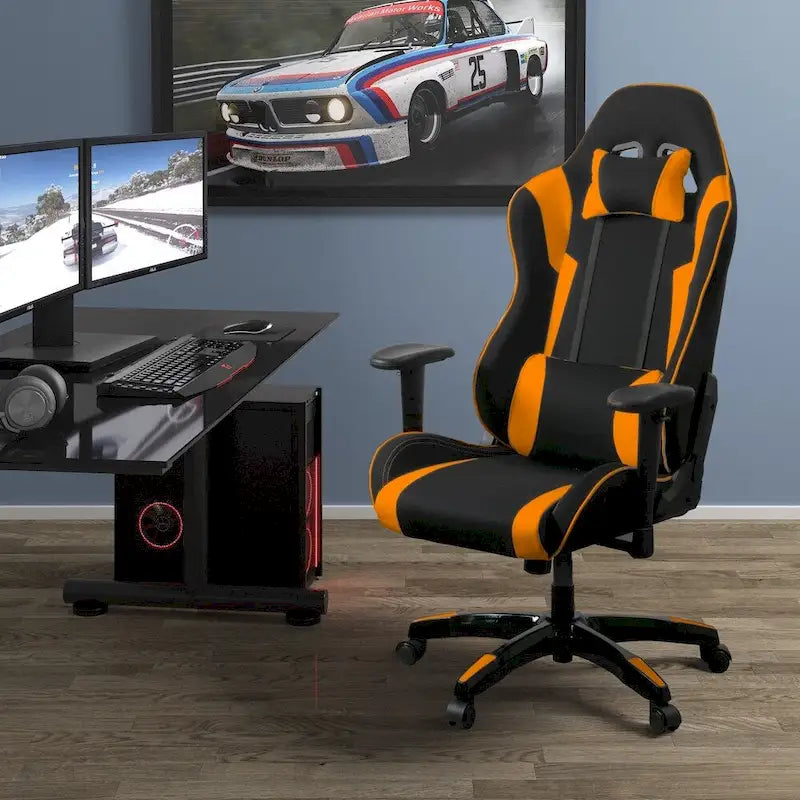 Chaise de gaming ergonomique à dossier haut Porch & Den Banton en cuir reconstitué, tissu et maille