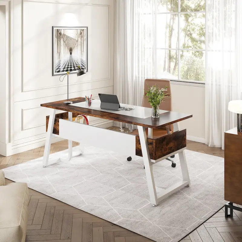 Bureau informatique 63 pouces avec étagères inférieures, grand bureau de direction