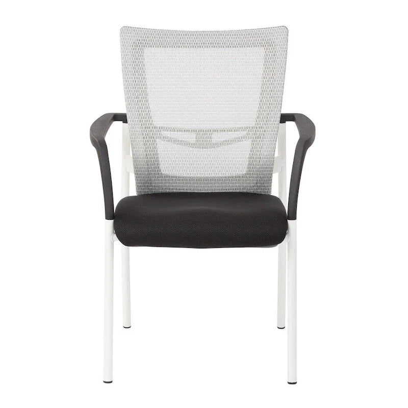 ProGrid ? Chaise visiteur à dossier en maille avec assise en tissu noir rembourré, accoudoirs et cadre de finition blanche