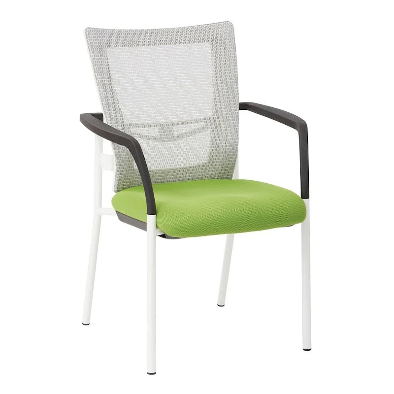 ProGrid ? Chaise visiteur à dossier en maille avec assise en tissu noir rembourré, accoudoirs et cadre de finition blanche