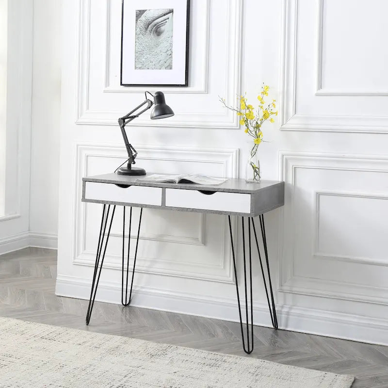 Bureau de télétravail Laurel Grey de style Mid-century Modern à 2 tiroirs