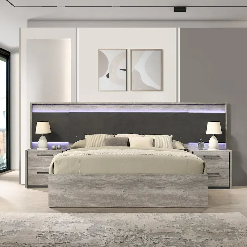 Lit mural à LED Roundhill Furniture Lenca avec tables de chevet - Gris vieilli