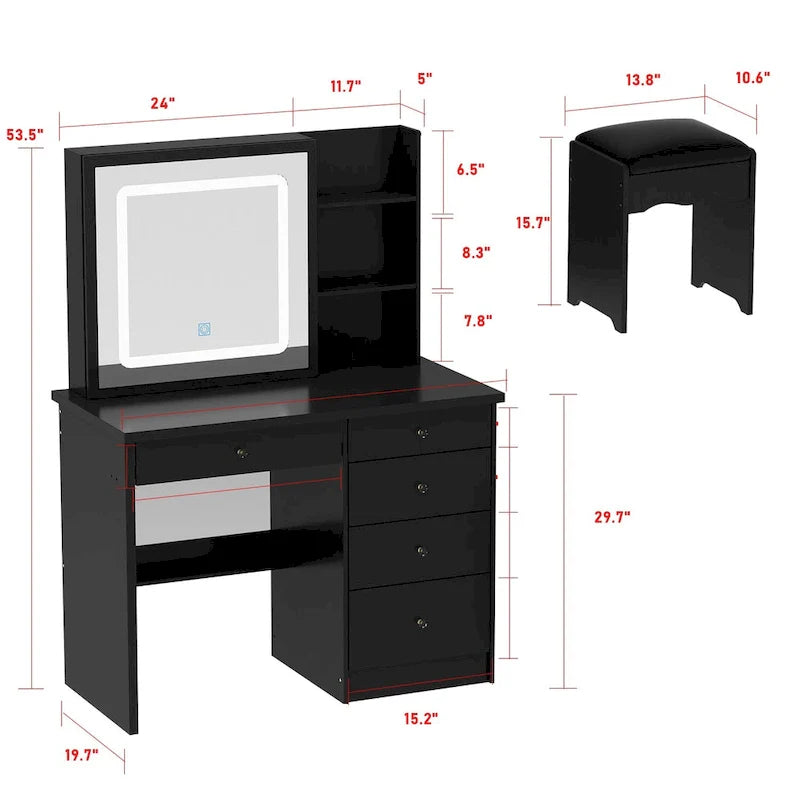 Ensemble coiffeuse de maquillage avec miroir à lumière trois couleurs et tabouret - N/A