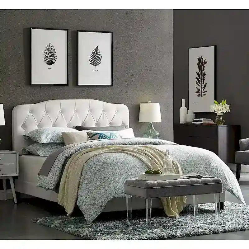 Lit plateforme Dayton grand format en cuir blanc avec tête de lit capitonnée