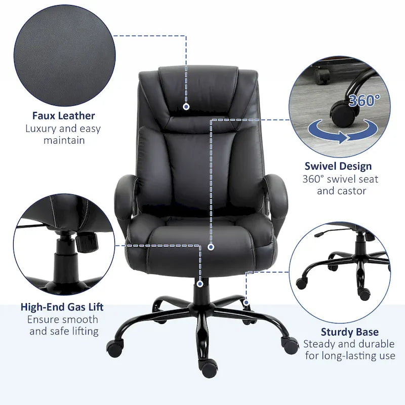 Fauteuil de bureau exécutif grande taille Vinsetto, chaise de bureau informatique 180 kg avec dossier haut en cuir PU ergonomique
