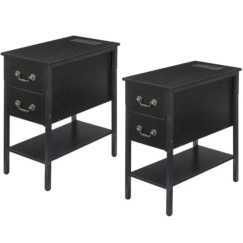 Lot de 2 tables de chevet avec station de charge, 2 ports USB et 2 prises de courant, table d'appoint haute avec 2 tiroirs et étagère de rangement