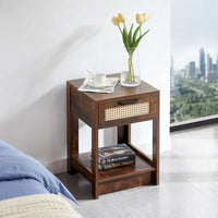 Table d'appoint en rotin 15,75 po avec tiroir, table de chevet moderne, table d'appoint pour salon, chambre, naturel